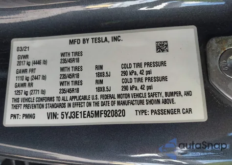 2021 Tesla Model 3 Standard Range Plus Rear-Wheel Drive from USA, damaged, VIN 5YJ3E1EA5MF920820